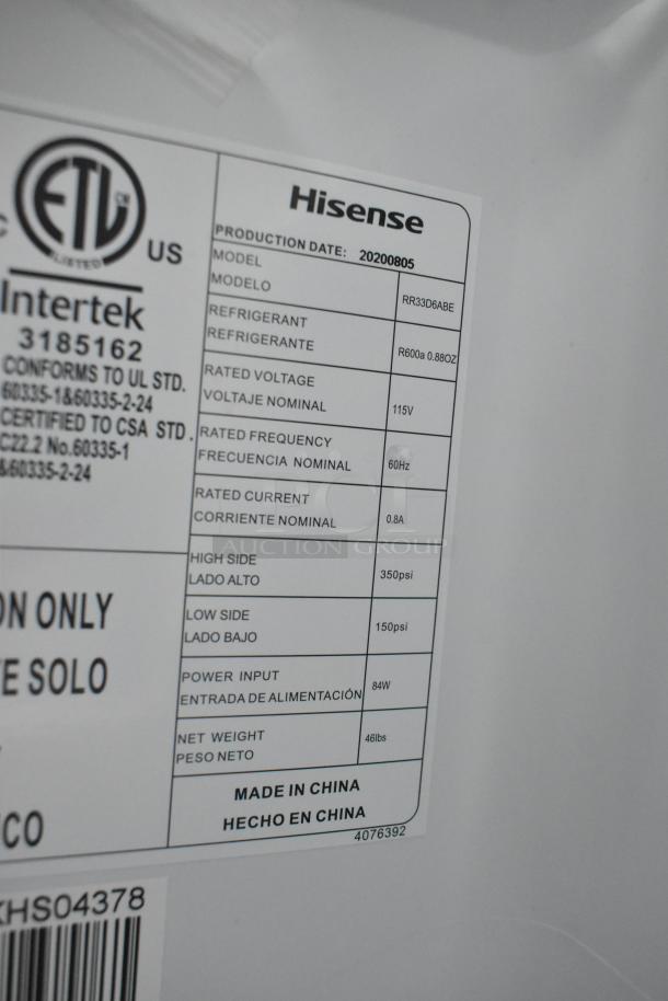 Label on Hisense RR33D6ABE mini cooler, details 115V, 60Hz, refrigerant R600a, production date 2020. Made in China.