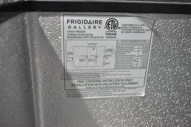 Frigidaire FGFRF7009-B-BLACK metal chest freezer label, showing specifications and installation details. 115V, 1 phase.