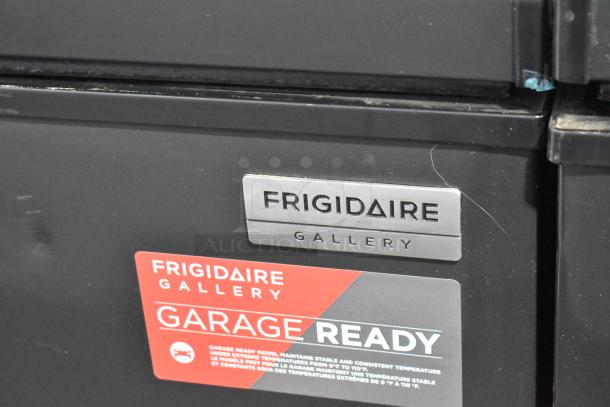 Frigidaire FGFRF7009-B-BLACK metal chest freezer, 115 volts, 1 phase, features "Garage Ready" label.