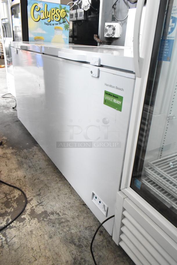 Hamilton Beach HBFRF3030-3BCOM metal chest freezer, 115 volts, garage-ready label, in good condition.
