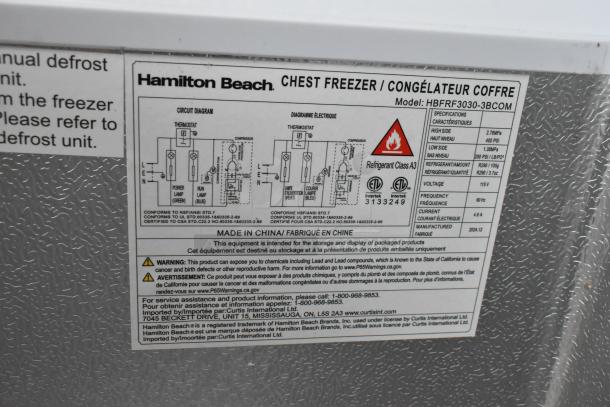Hamilton Beach HBFRF3030-3BCOM metal chest freezer label, showing circuit diagram, 115V, Class A3 refrigerant details.