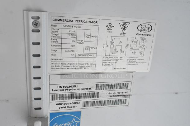 IDW G-10-F334B-HC cooler label showing model info, 115V, 1 phase, R290 refrigerant, 9.3 cu.ft., circuit diagram.