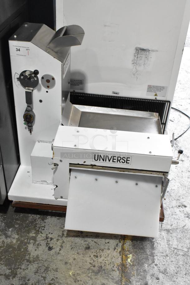 Universe TM18 Metal Countertop Dough Sheeter, 115 Volts, 1 Phase. White, stainless steel finish, good condition.