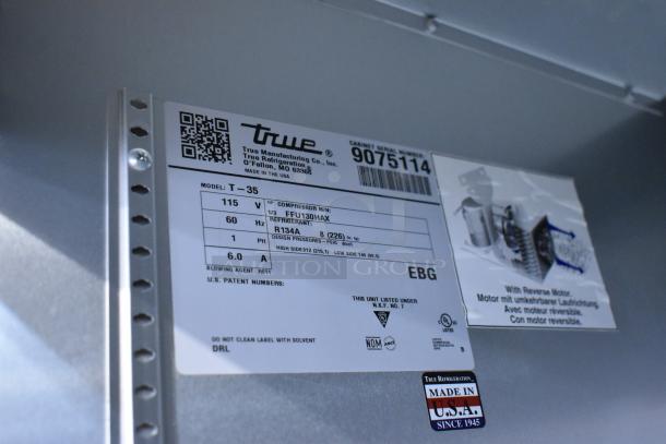 2017 True T-35 stainless steel commercial cooler label, 115V, 1 phase, Made in USA, NSF certified.