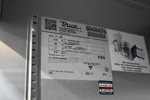 2017 True T-35 commercial cooler label showing model, voltage, and manufacturing details. Made in USA.