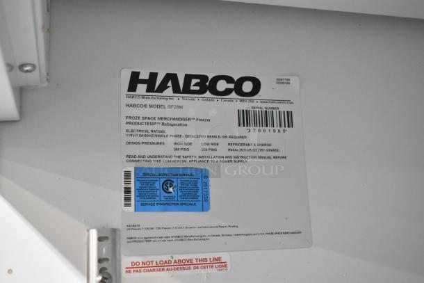 Habco SF28M label showing specifications for a commercial reach-in freezer. 115 volts, 1 phase, with product and design pressure details.