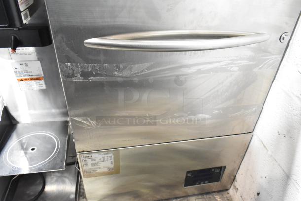 2018 Noble Wareforce UH30-E stainless steel commercial undercounter dishwasher. Door issue. 208/230V, 1 phase. Labels visible.