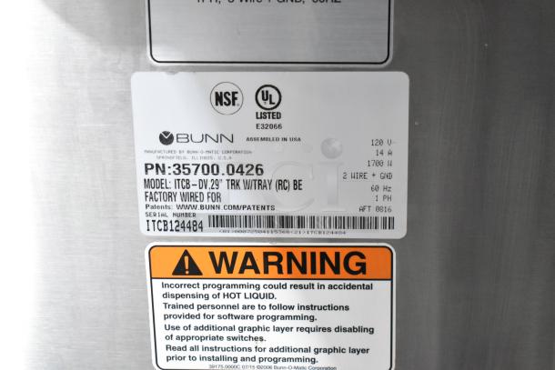 Bunn ITCB-DV metal commercial iced tea machine with hot water dispenser, 120V, 1 Phase, NSF-listed, model ITCB-DV.