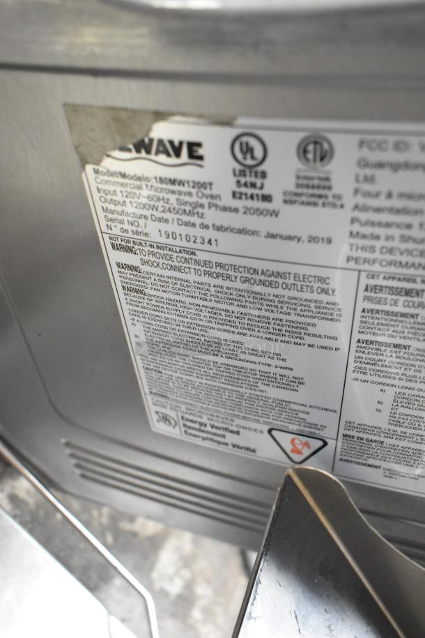 2019 Solwave 180MW120GT commercial microwave label showing specs, 120V, 1 phase, stainless steel, UL listed.