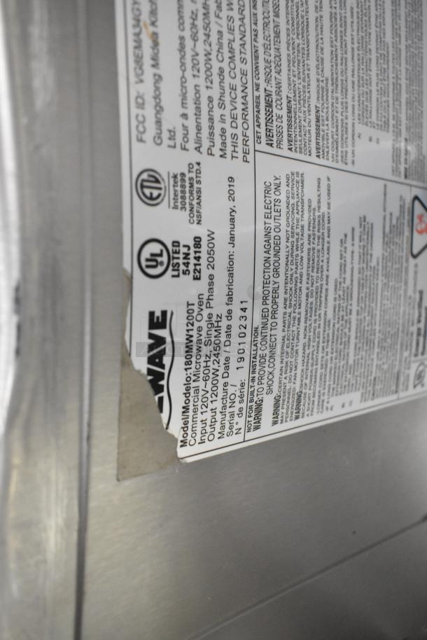 2019 Solwave 180MW120GT stainless steel commercial microwave, model label visible, 120V, 1 phase, gently used condition.