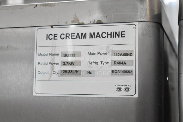 Beiqi BQ333 stainless steel ice cream machine label, showing model, power, refrigerant type, and output capacity.