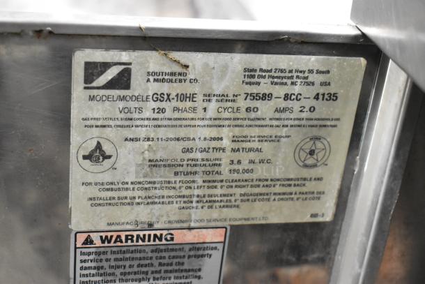 Southbend GSX-10HE steam cabinet label showing model, specs, and warnings. 190,000 BTU natural gas; commercial use.