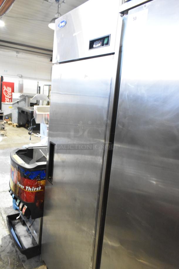 2021 Atosa MBF8001GR stainless steel commercial freezer with single door, poly coated racks, on commercial casters, 115V.
