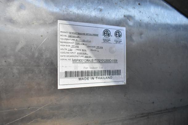 2021 Atosa MBF8001GR stainless steel commercial freezer label, 115V, R290 refrigerant, made in Thailand, serial MBF8001GRAUS.