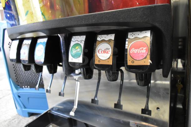 Servend SV150 stainless steel 6-flavor soda machine, countertop model, 115V, 1 phase, includes labels for beverages.
