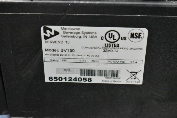 Servend SV150 Beverage Machine label showing model, 115V rating, 1-phase power, and industry certifications.