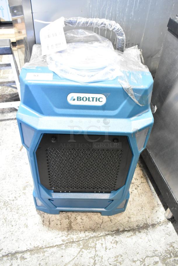 2024 Boltic 22BPCD130P Dehumidifier, blue, 115V, 1 phase, shown with protective wrapping and tags. Excellent condition.