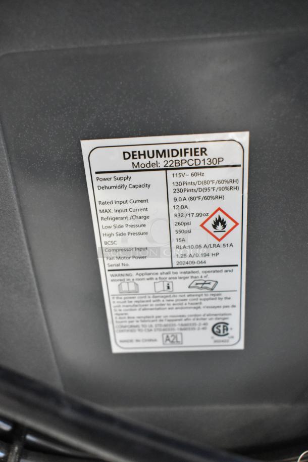 2024 Boltic 22BPCD130P dehumidifier label, detailing 115V, 1-phase power, 130-230 pints/day capacity, R32 refrigerant.