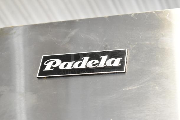 Padela PDB-2F-HC stainless steel badge on a 2021 commercial 2-door freezer, featuring a polished finish.