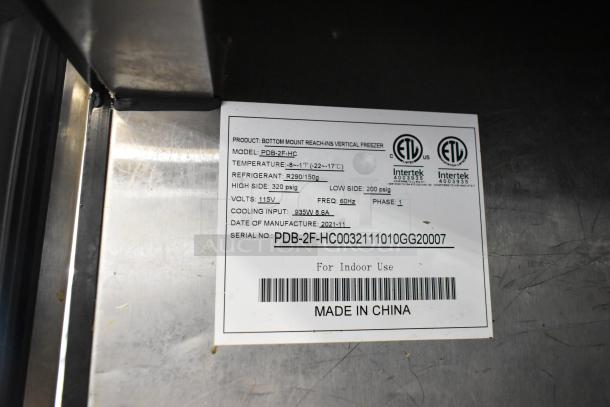 2021 Padela PDB-2F-HC stainless steel commercial 2-door reach-in freezer label. 115V, 1 phase. Made in China.