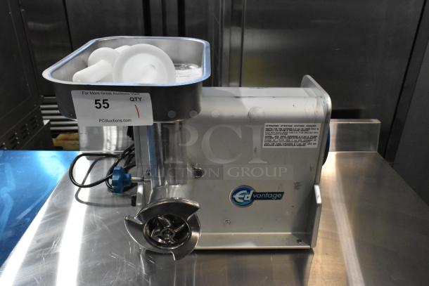 Edlund EDVG-12A Metal Commercial Countertop Meat Grinder, 120V, 1 Phase, with tray and attachments.