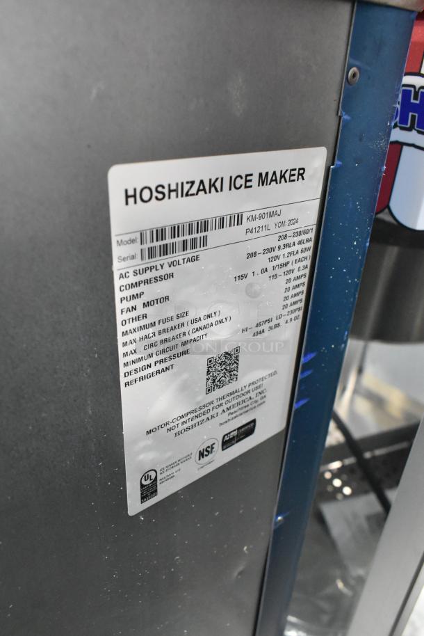 2024 Hoshizaki KM-901MAJ ice machine head, stainless steel, 208-230V, 1-phase, showing model label details.