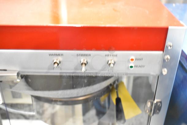 Paragon TP-16 1116810 Metal Popcorn Machine, red top, controls for warmer, stirrer, kettle, 120V, countertop model.