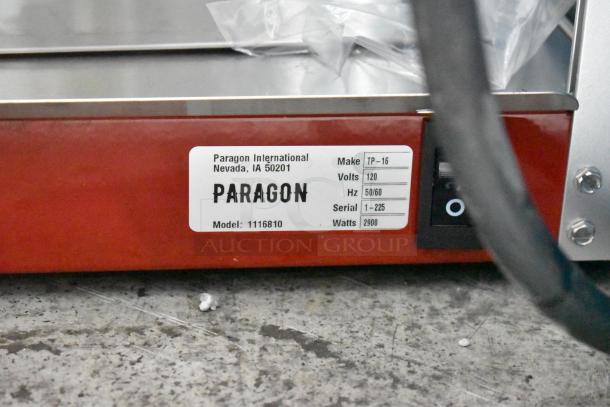 Paragon TP-16 1116810 Metal Commercial Countertop Popcorn Machine label showing specifications: 120 Volts, 1 Phase.