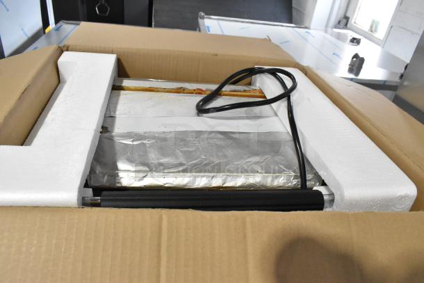 Rocket Cooking RC-GH-811EB Panini Press, stainless steel, new in box, 120V, countertop model with visible power cord.