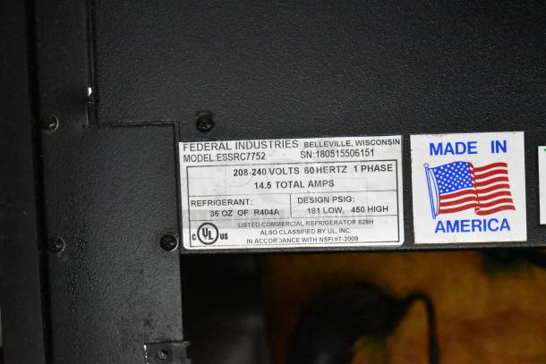 Federal Industries ESSRC7752 air curtain merchandiser label showing 208-240 volts, 1 phase, Made in USA.