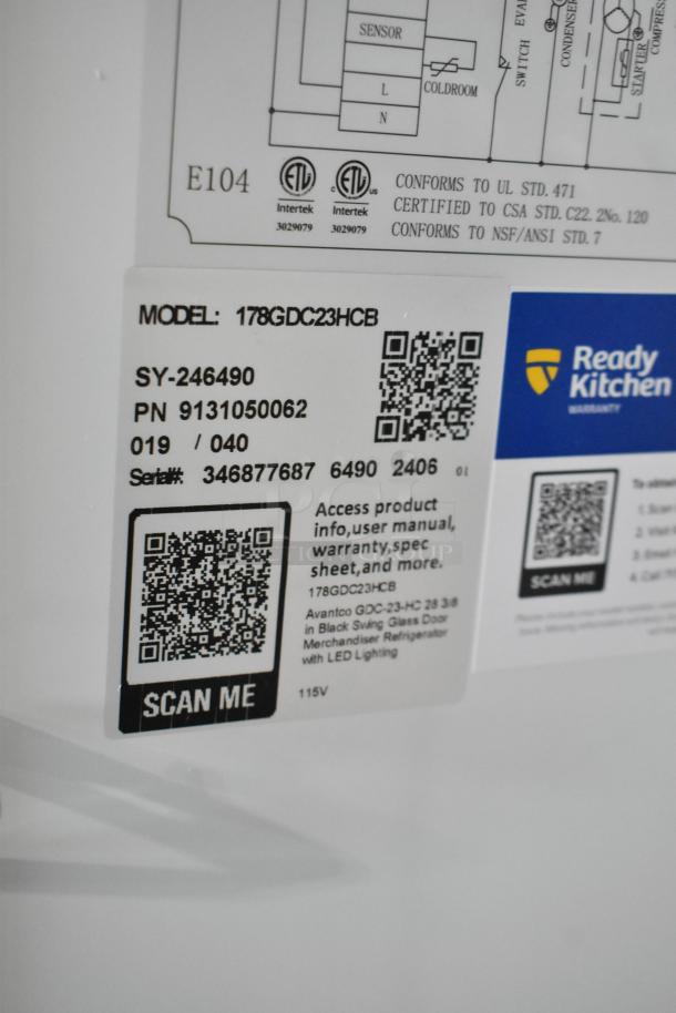 Label on Avantco 178GDC23HCB cooler, showing model, serial number, and warranty info. 115V, Ready Kitchen warranty.