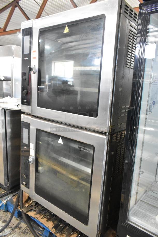2 Alto Shaam AR-7T rotisserie ovens, stainless steel, 7 spits each, 208V, 1 phase, self-cleaning, commercial use.