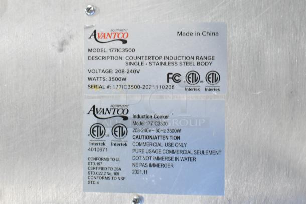 Stainless steel label for Avantco 17IC3500 induction range. Details: 208-240V, 3500W, commercial use, certifications shown.