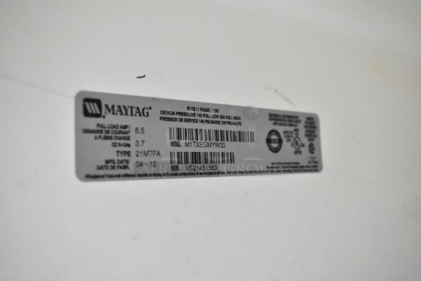 Maytag M1TXEGMYW00 cooler label showing model, voltage, and specs; metal body, reach-in cooler with freezer, 115V, 1 phase.