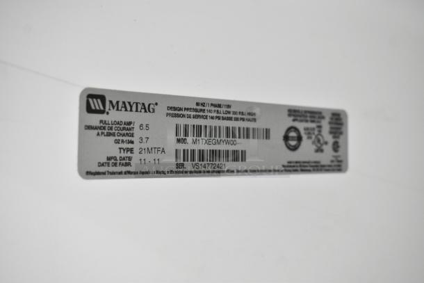 Maytag M1TXEGMYW00 metal cooler label, 115 volts, 1 phase, shows full load amp 6.5, serial VS14772421.