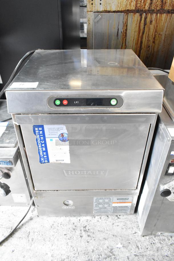 Hobart LXIH stainless steel undercounter dishwasher, 120/208-240 volts, 1 phase, visible labels, good condition.