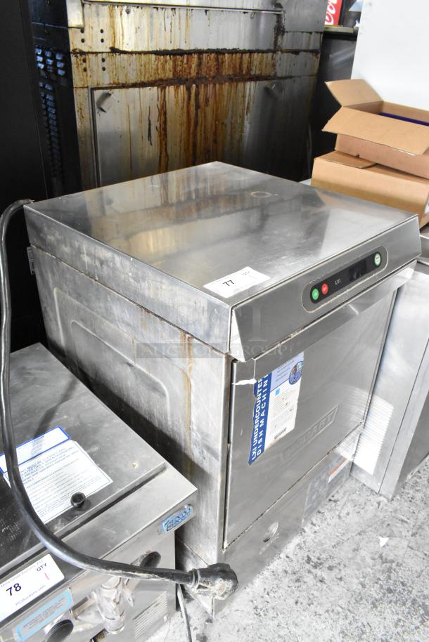 Hobart LXIH stainless steel commercial undercounter dishwasher, visible wear, model label, 120/208-240V, 1 phase.