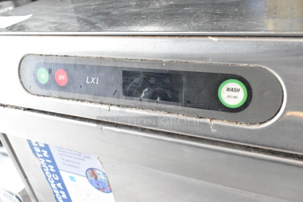 Hobart LXIH stainless steel undercounter dishwasher with control panel. 120/208-240V, 1 Phase. Visible wear on surface.