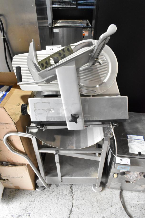 Bizerba metal commercial meat slicer on stainless steel stand, 115V, 1 phase, good condition with visible controls and blade.