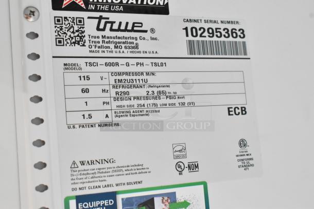 Label of 2021 True TSCI-600R-G-PH cooler, showing model, voltage, refrigerant R290, and serial number 10295363.