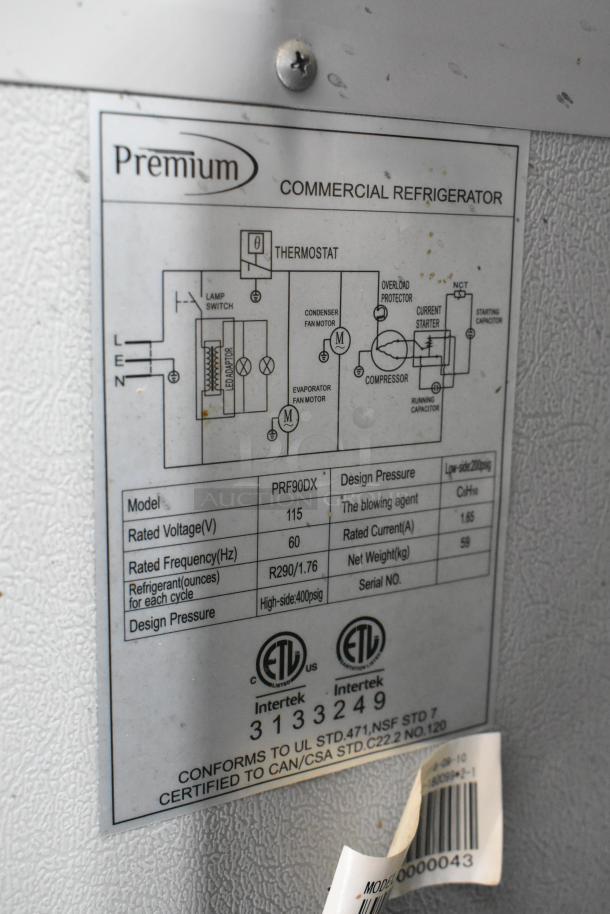 Premium PRF90DX cooler label showing specifications: 115 volts, 1 phase, ETL certified, R290 refrigerant.