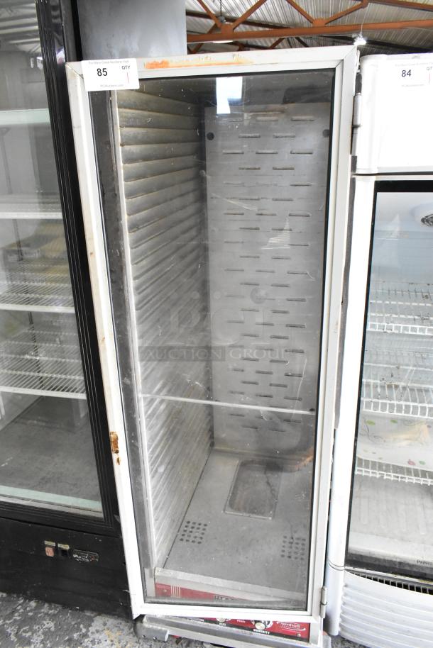 Winholt NHPL-1836CA/LC heated holding pan rack on casters, 120V, 1 phase; door does not stay closed, metal finish.