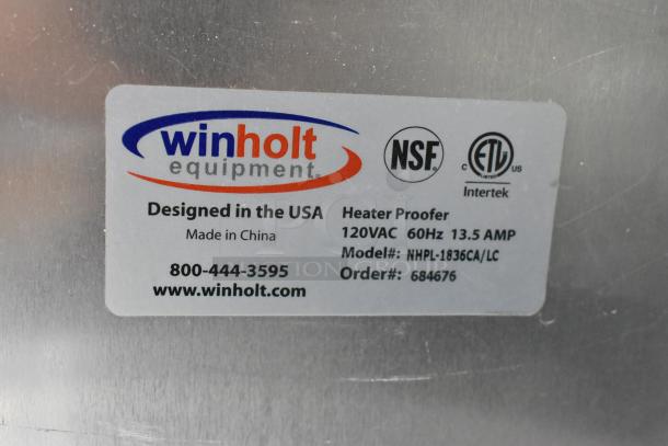 Winholt NHPL-1836CA/LC heated holding pan rack on casters, 120V, door issue. Label states: NSF, ETL certified, made in China.