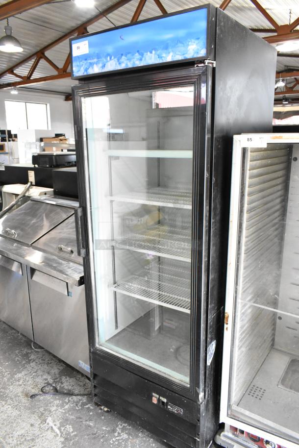 Metal single door cooler merchandiser, model EGDM-29B, with poly coated racks, commercial casters. 115V, 1 Phase.