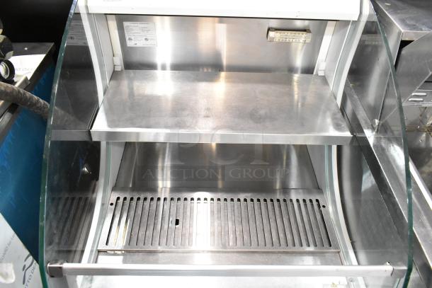 Turbo Air TOM-30L(W) open merchandiser, metal, 120V, 1 phase, stainless steel shelves, glass sides, temperature gauge visible.