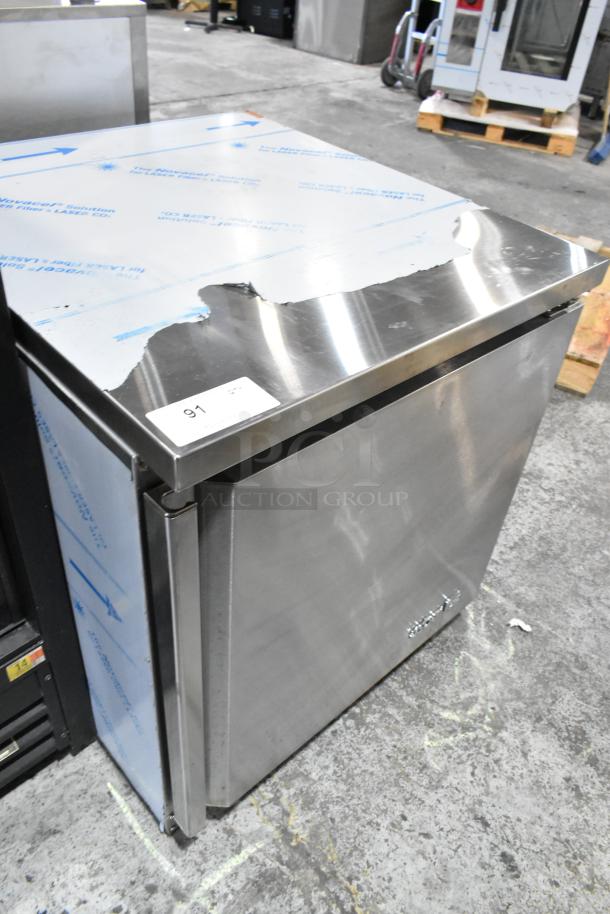 2021 Asber AUTF27 stainless steel commercial undercounter freezer. Single door, 115 volts, 1 phase, protective film partially removed.