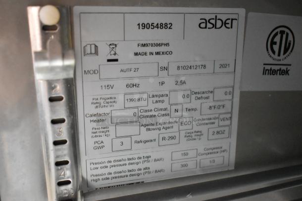 2021 Asber AUTF27 stainless steel undercounter freezer label; Model: AUTF27, 115V, 1 Phase, made in Mexico, 1390 BTU.