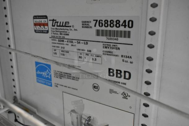True GDM-41SL-54-LD cooler label showing serial number 7688840, 115V, 1-phase, Energy Star, NSF certified.