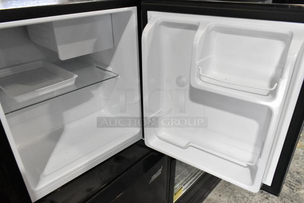 Hisense WMS017M6XVE and Arctic King ATMP032AEB mini coolers with open doors, featuring shelves and freezer. 115V, 1 Phase.