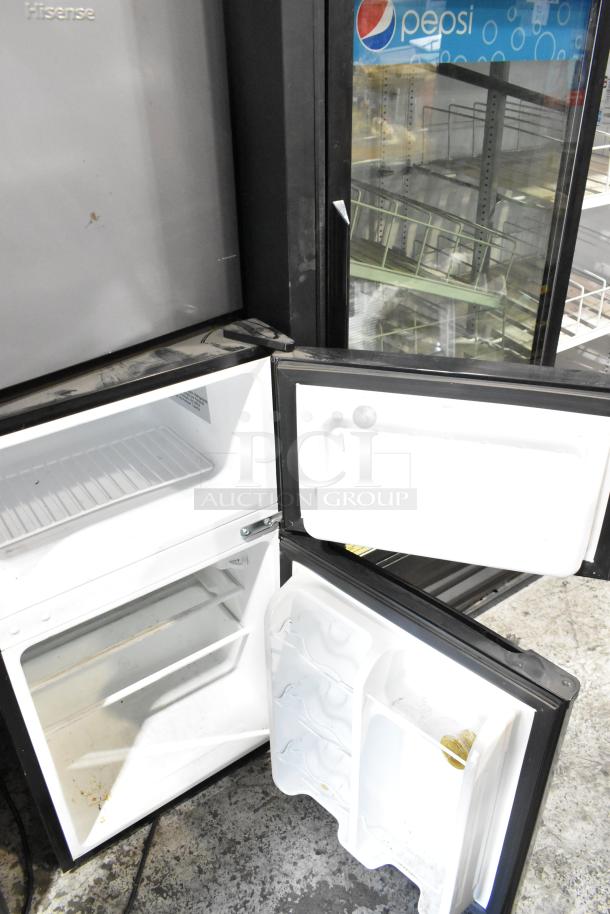 2024 Hisense WMS017M6XVE and Arctic King ATMP032AEB mini coolers with freezers, 115V, 1 Phase, open doors, visible interiors.